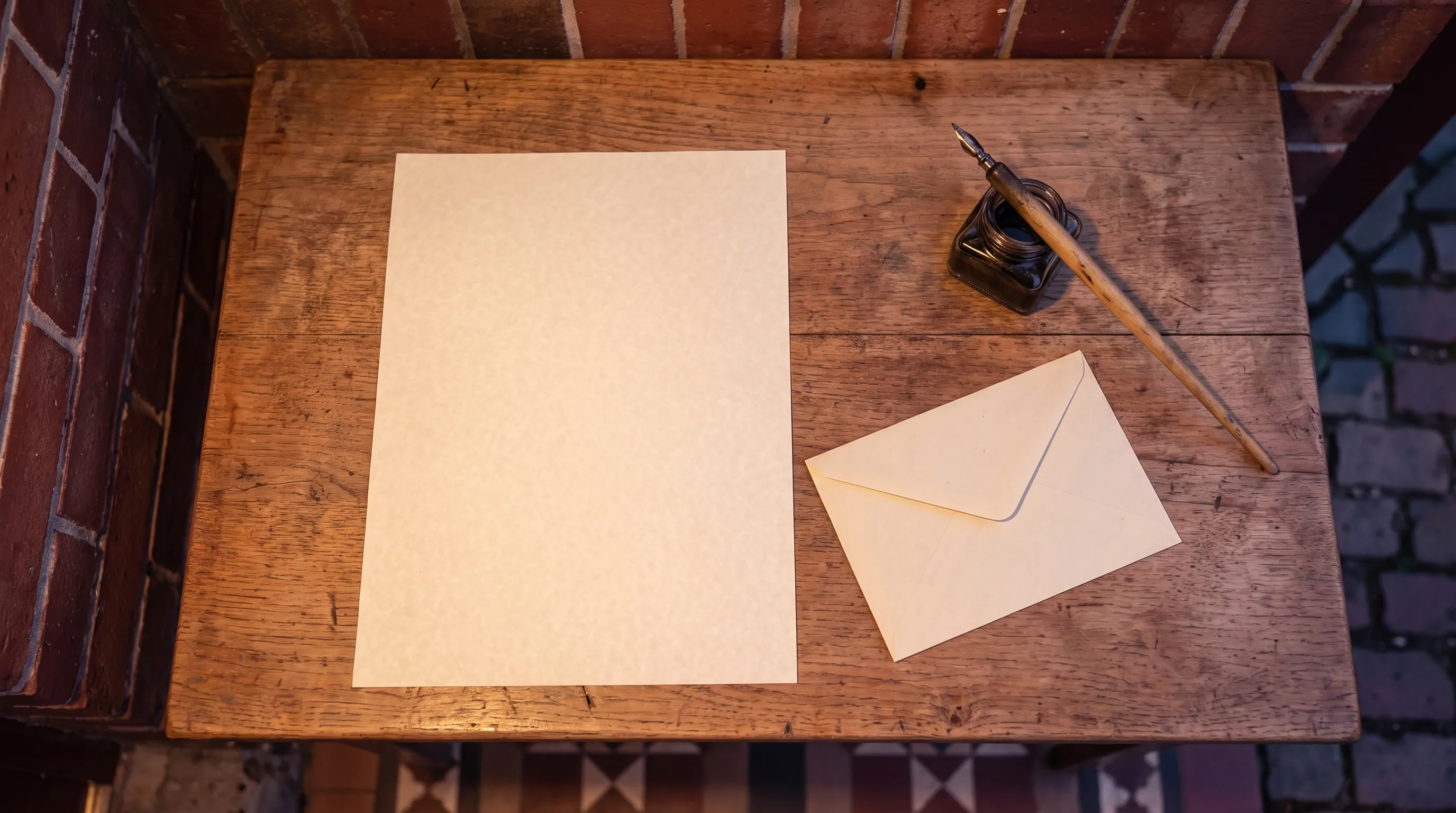 A worn wooden table with a sheet of cream writing paper, an envelope, and a dip pen in an inkwell