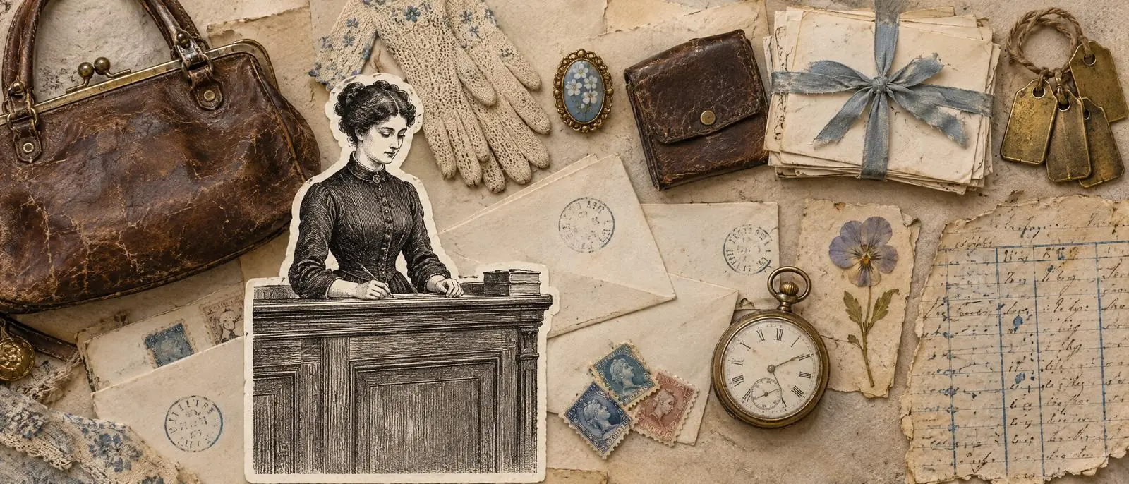 Unclaimed articles laid out on the counter: a leather bag, gloves, a brooch, a wallet, letters tied with ribbon, a pocket watch and a pressed flower
