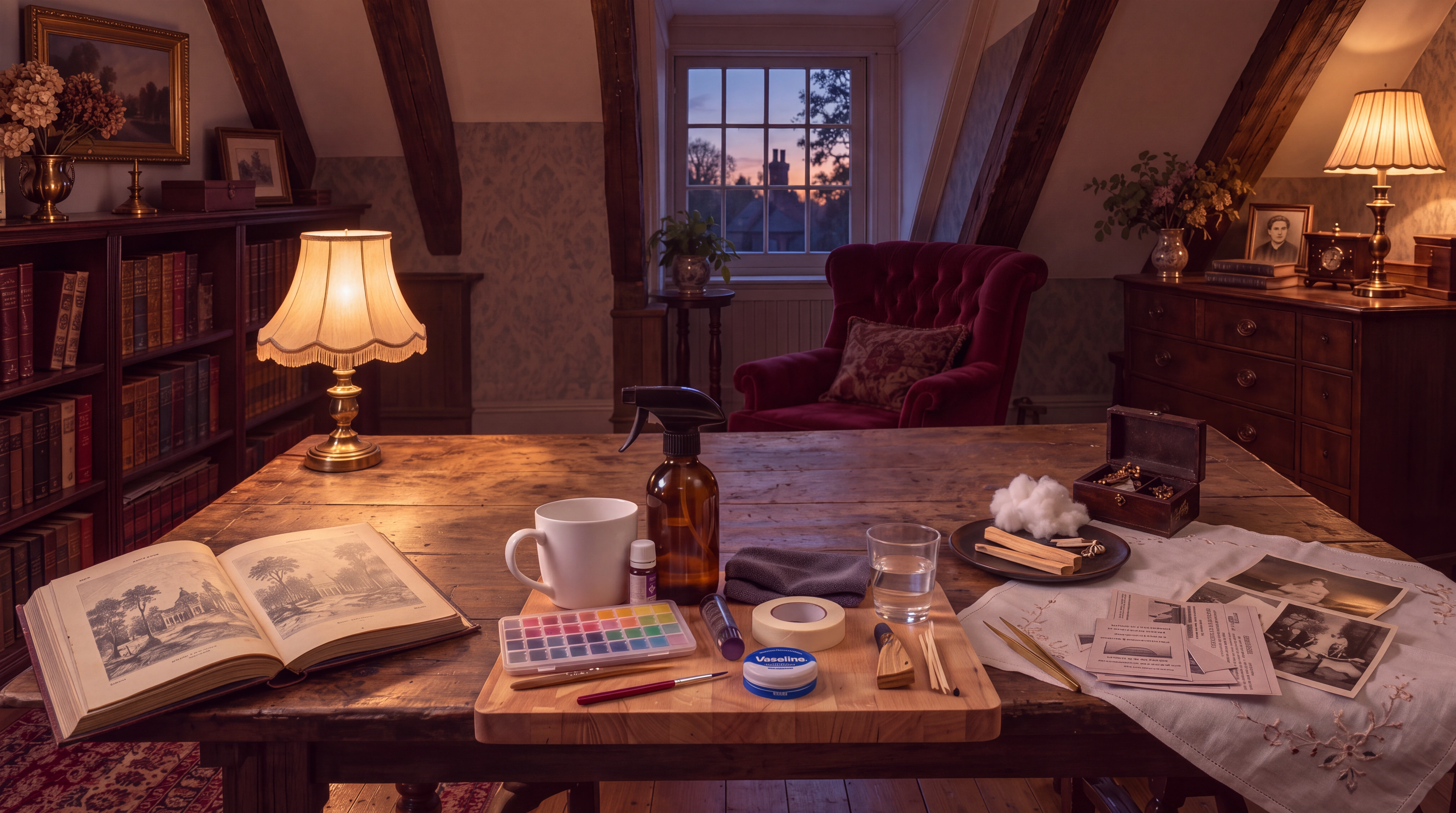The lamplit attic, with papers, paints and treasured little things waiting on the worktable